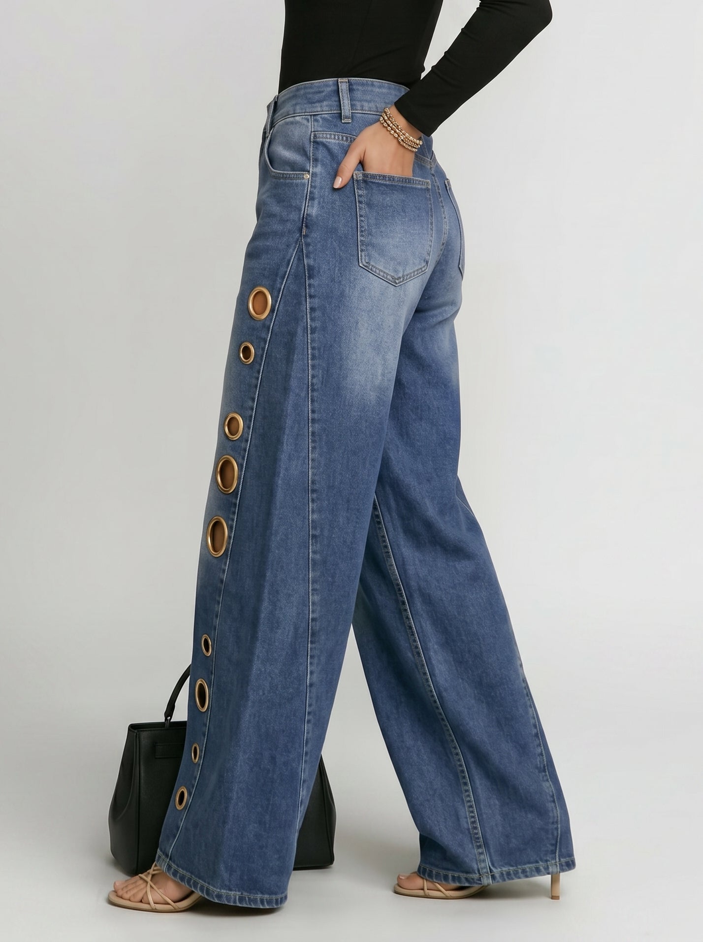 Eyelet Detail Wide Leg Jeans