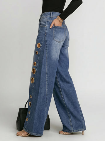 Eyelet Detail Wide Leg Jeans
