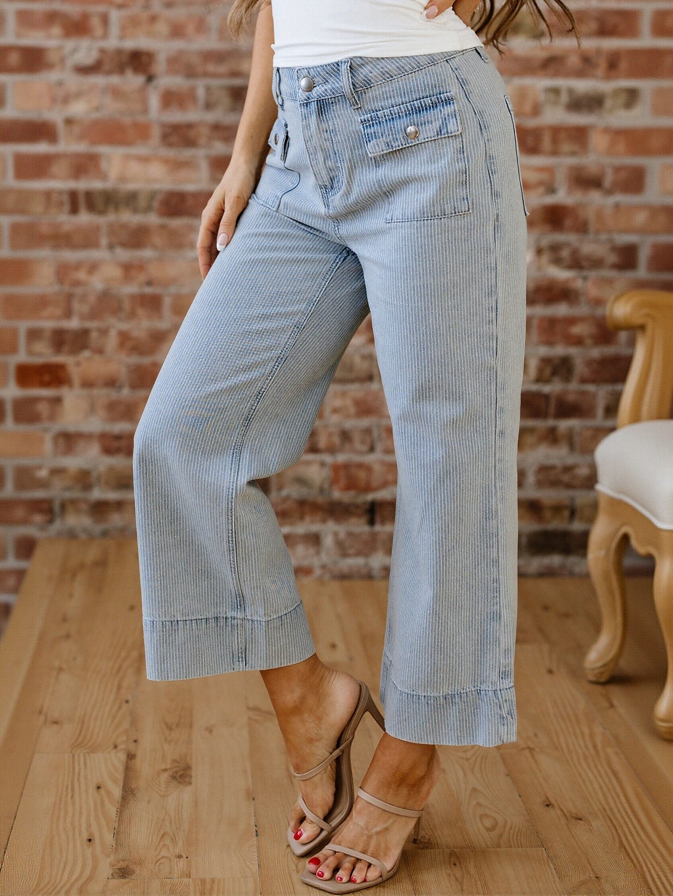 High Waisted Pinstripe Wide Leg Jeans