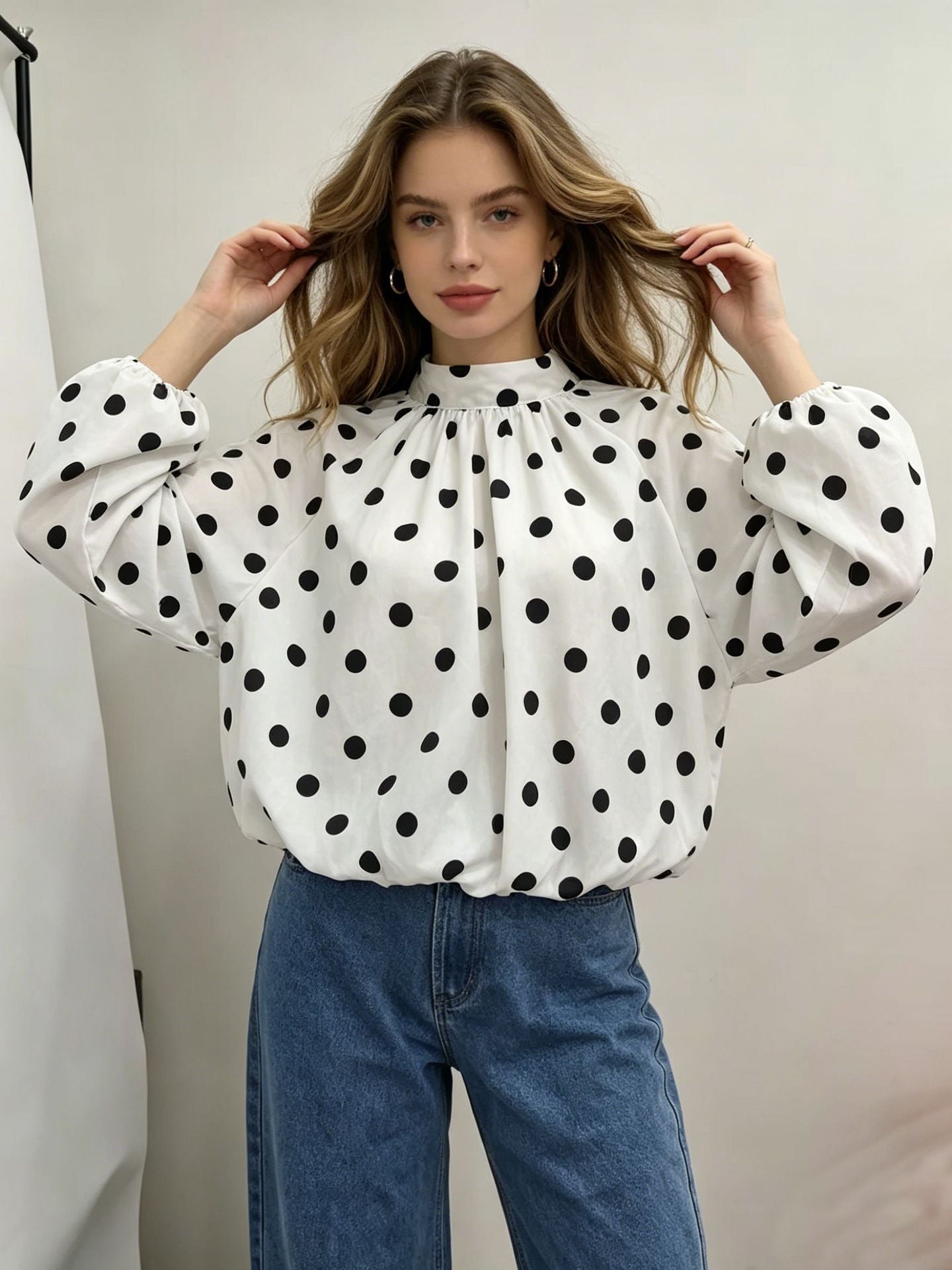 Polka Dot Balloon Sleeve Chiffon Blouse