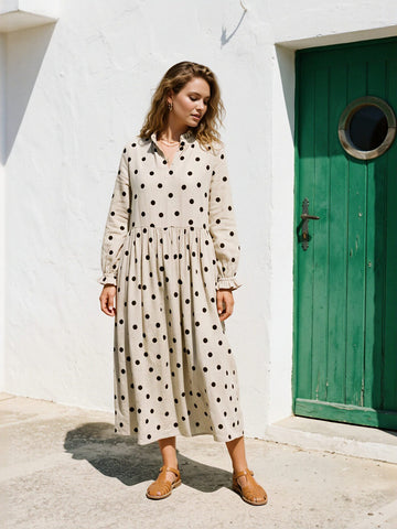 Casual Polka Dot Linen Midi Dress