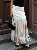 High Slit Fringed Maxi Skirt