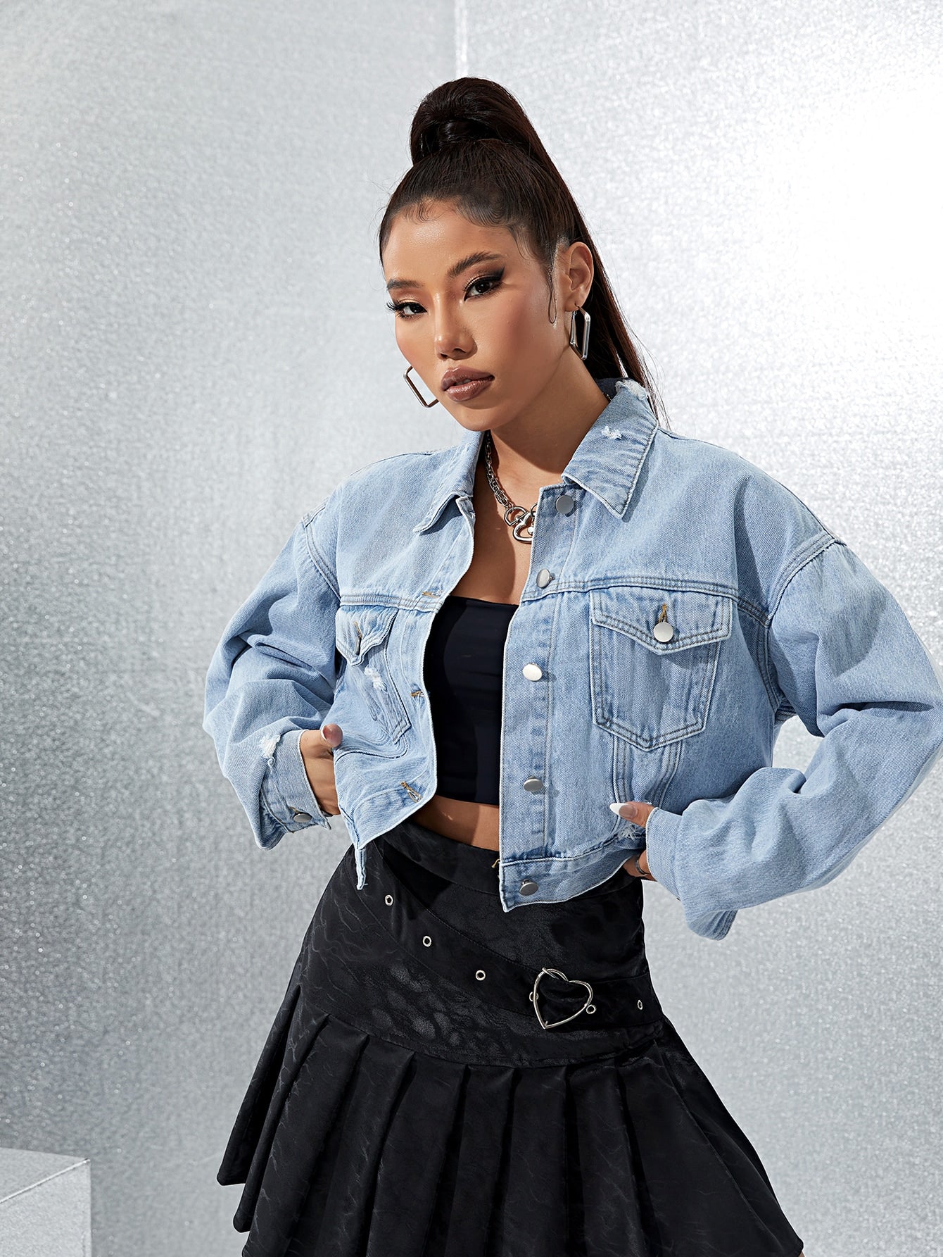 Distressed Cropped Light Wash Denim Jacket