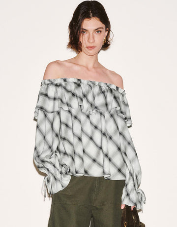 Urban Revivo Off Shoulder Ruffle Detail Contrast Check Overhead Shirts