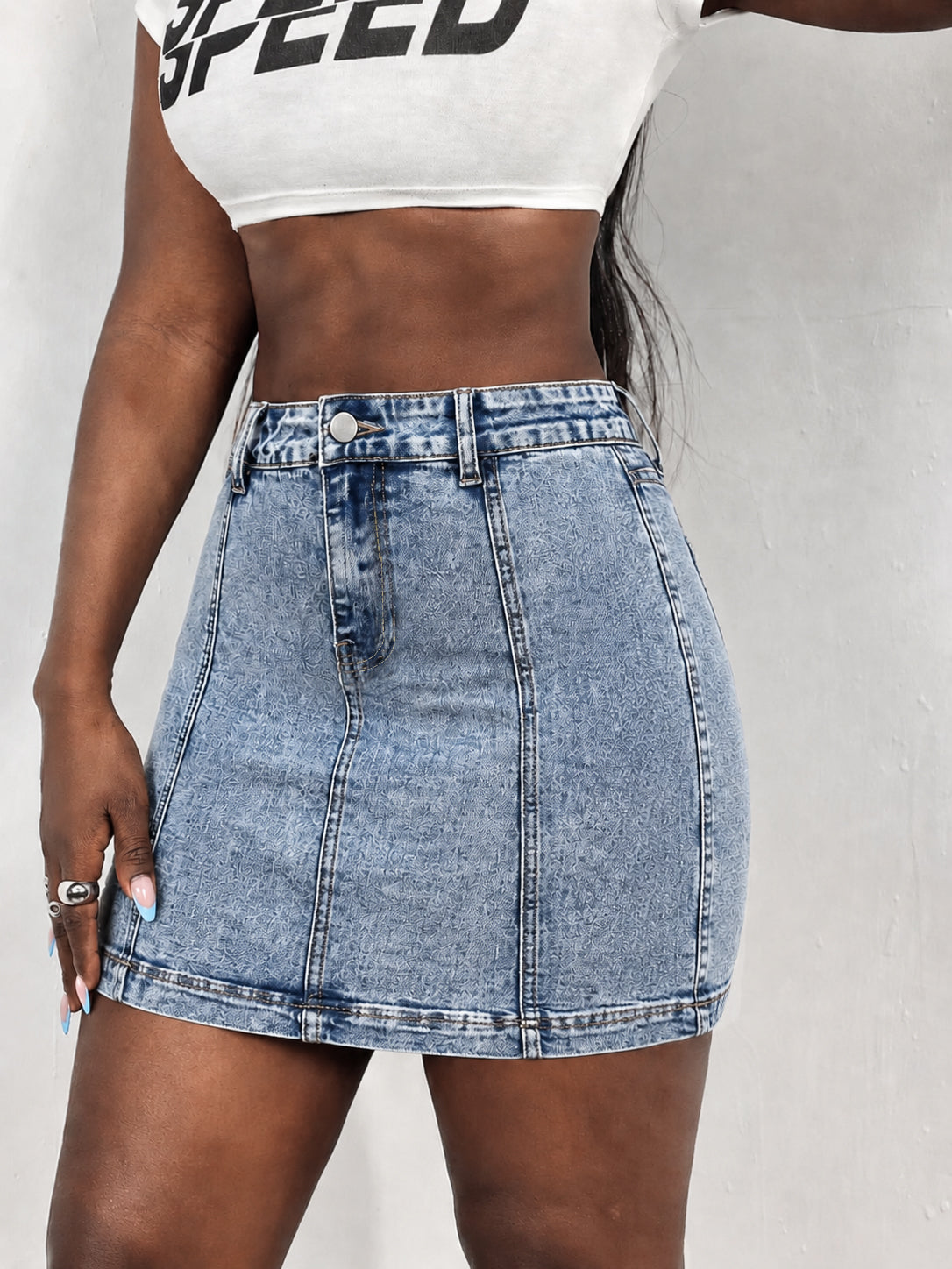 High Waisted Washed Denim Mini Skirt