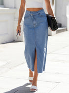 High Waisted Raw Hem Denim Skirt