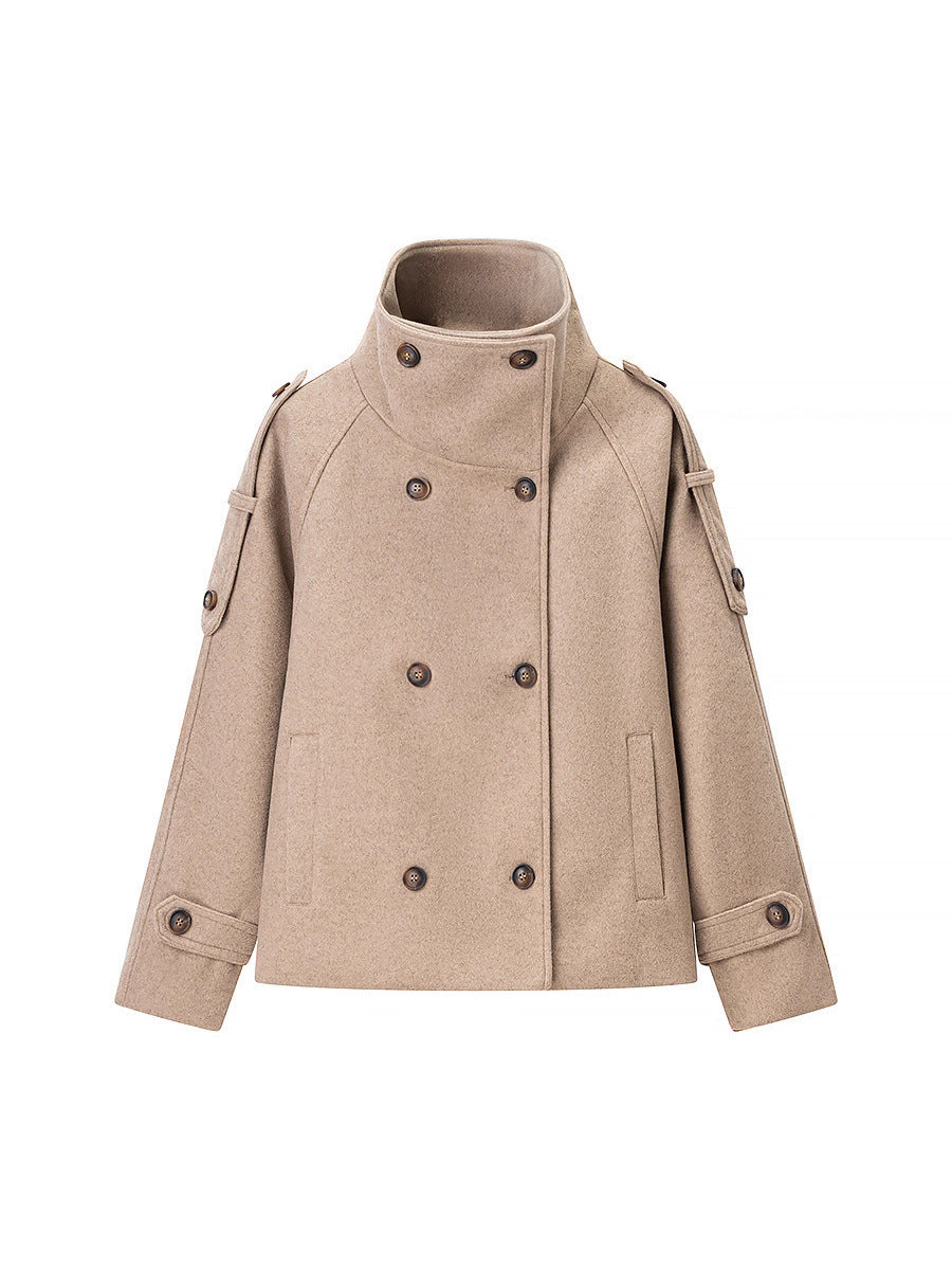 Double Breasted Stand Collar Wool Coat