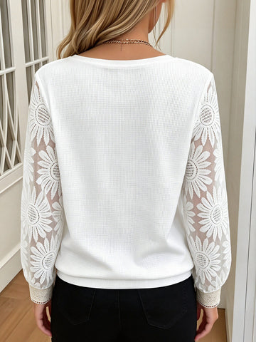 Floral Lace Sleeve V Neck Blouse