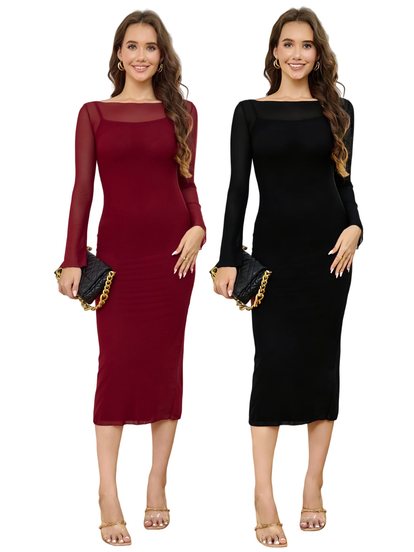 Sheer Panel Long Sleeve Bodycon Daily Midi Dress