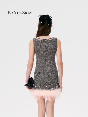 Feather Trim Tweed Mini Dress
