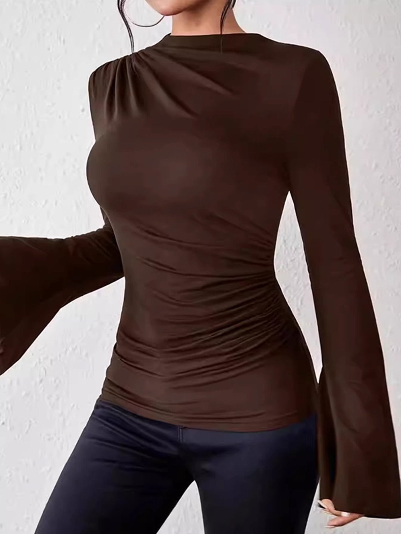 Ruched Bell Sleeve Mock Neck Tee