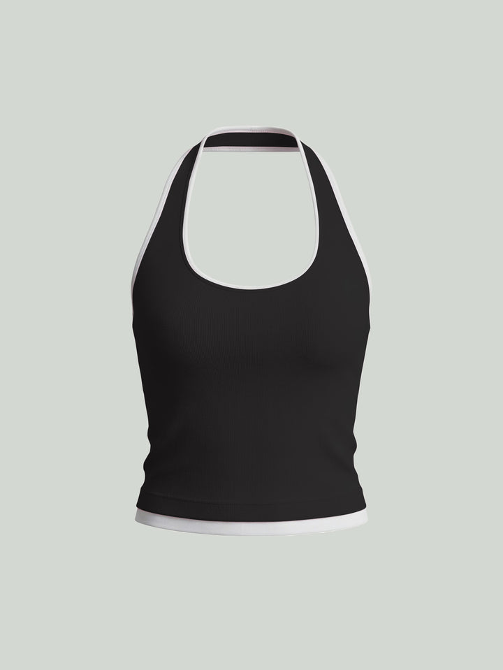 Ribbed Contrast Trim Halter Tank Top