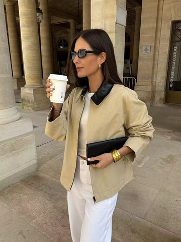 Contrast Collar Zip Up Jacket