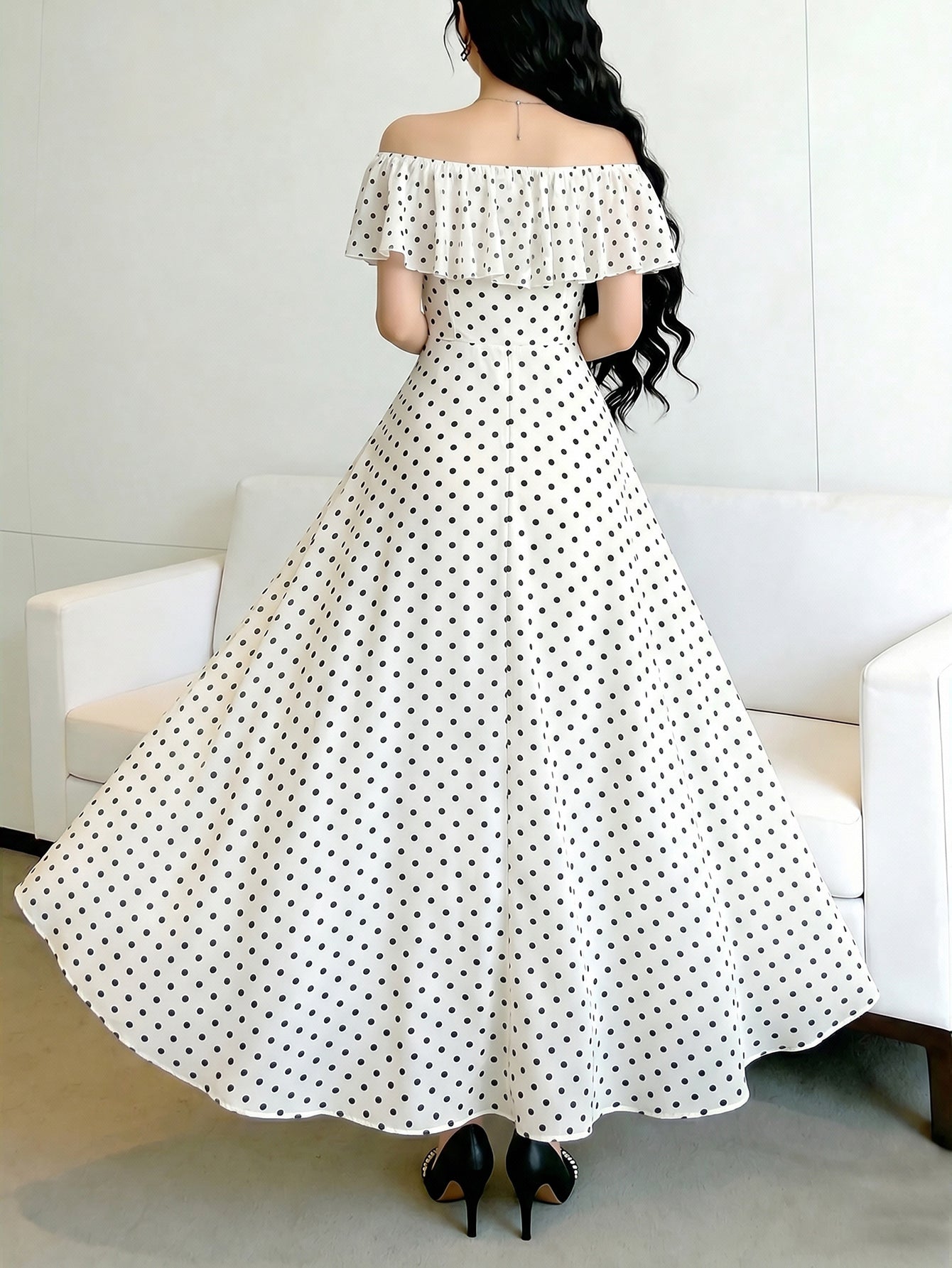 Off Shoulder Polka Dot Midi Dress
