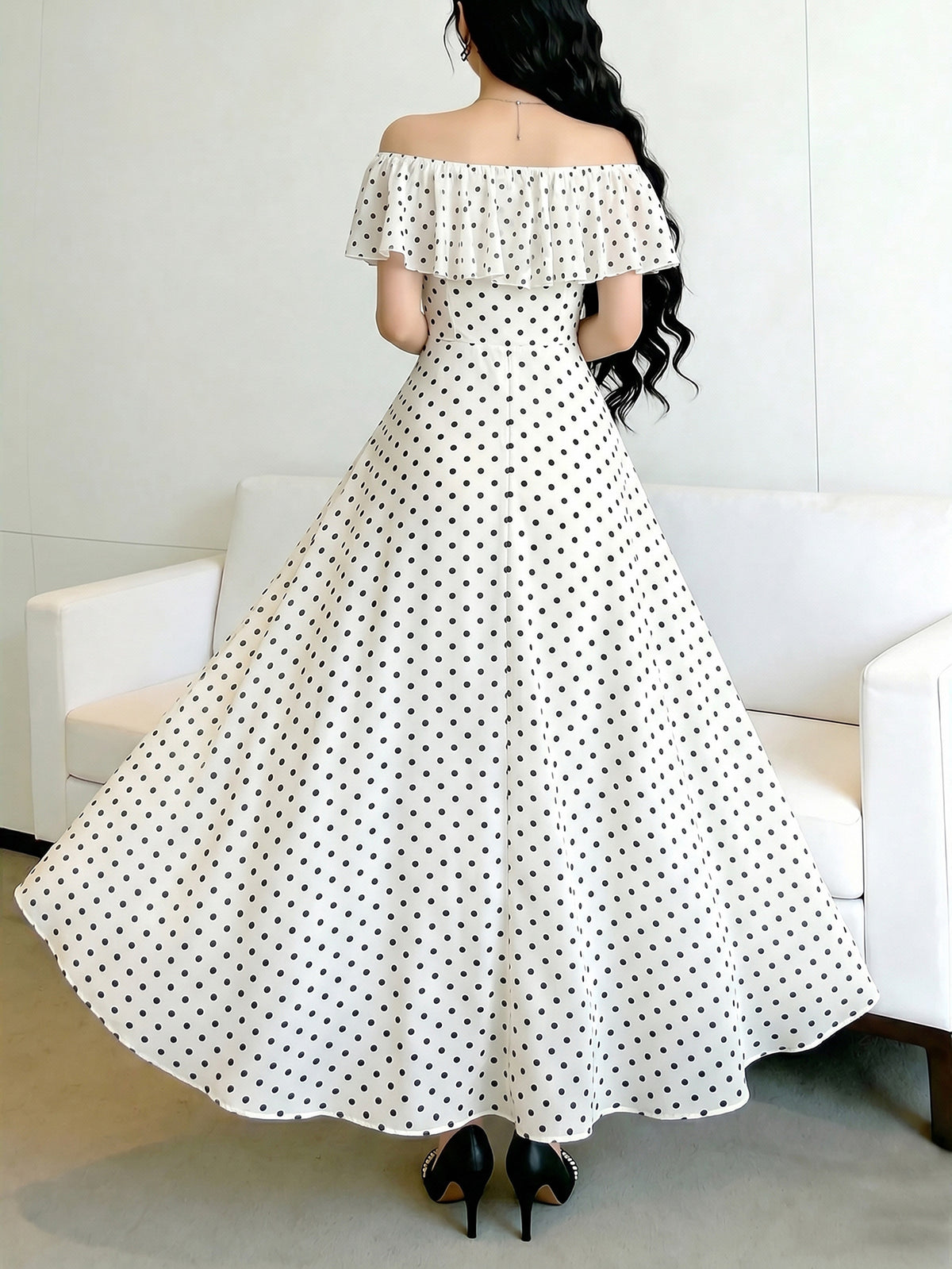 Off Shoulder Polka Dot Midi Dress