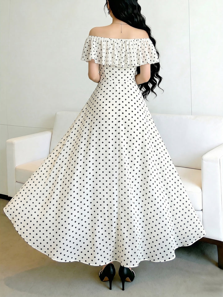 Off Shoulder Polka Dot Midi Dress