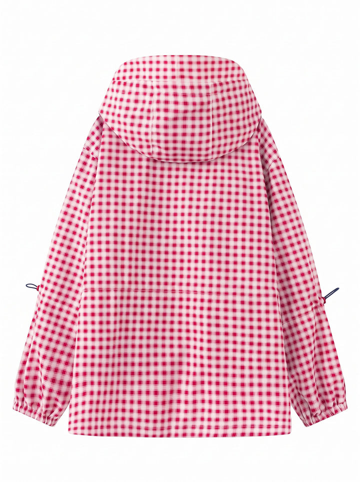 Gingham Drawstring Waist Hooded Jacket