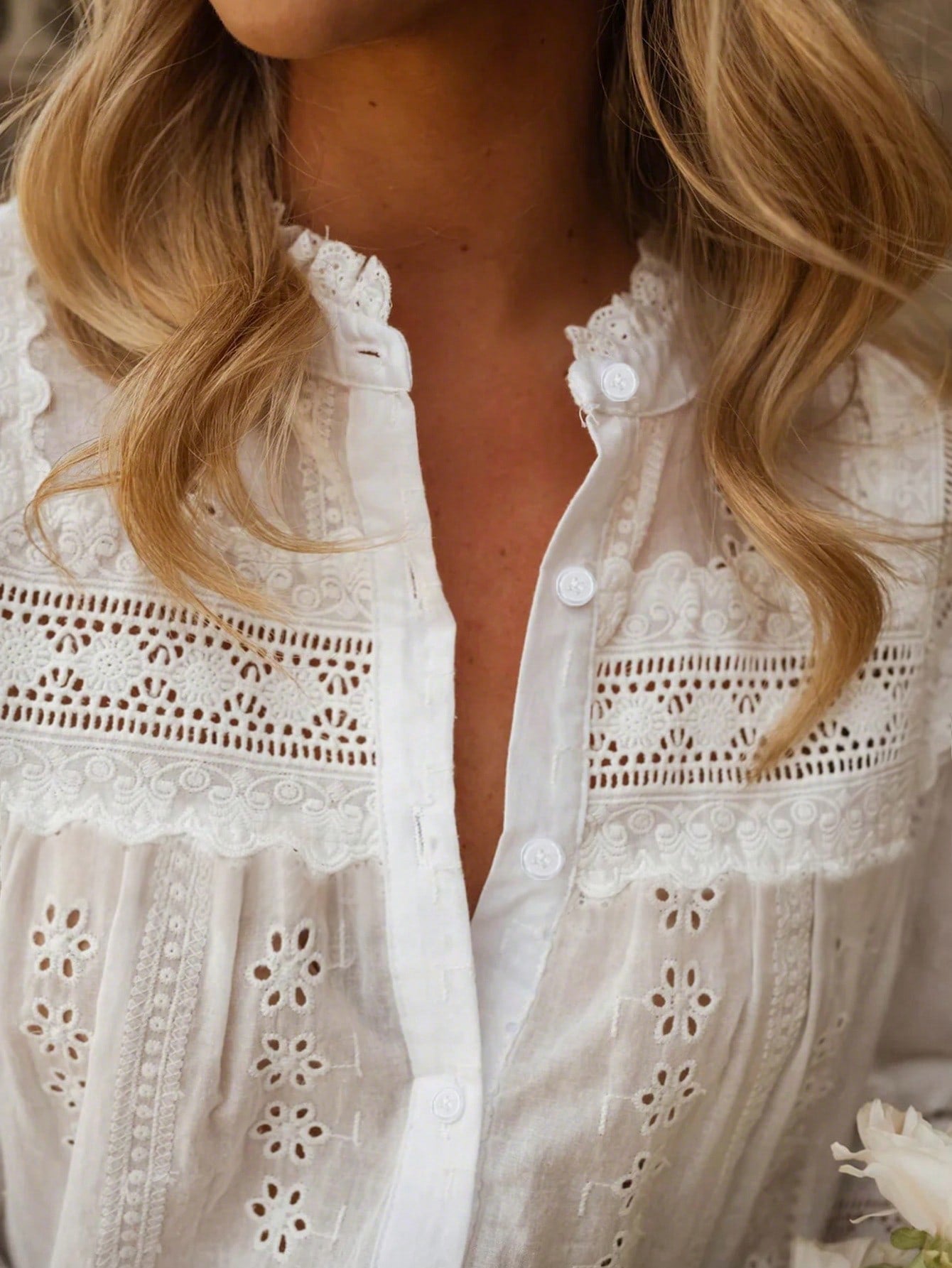 Three-quarter Sleeve Eyelet Detail Romantic Blouse-White