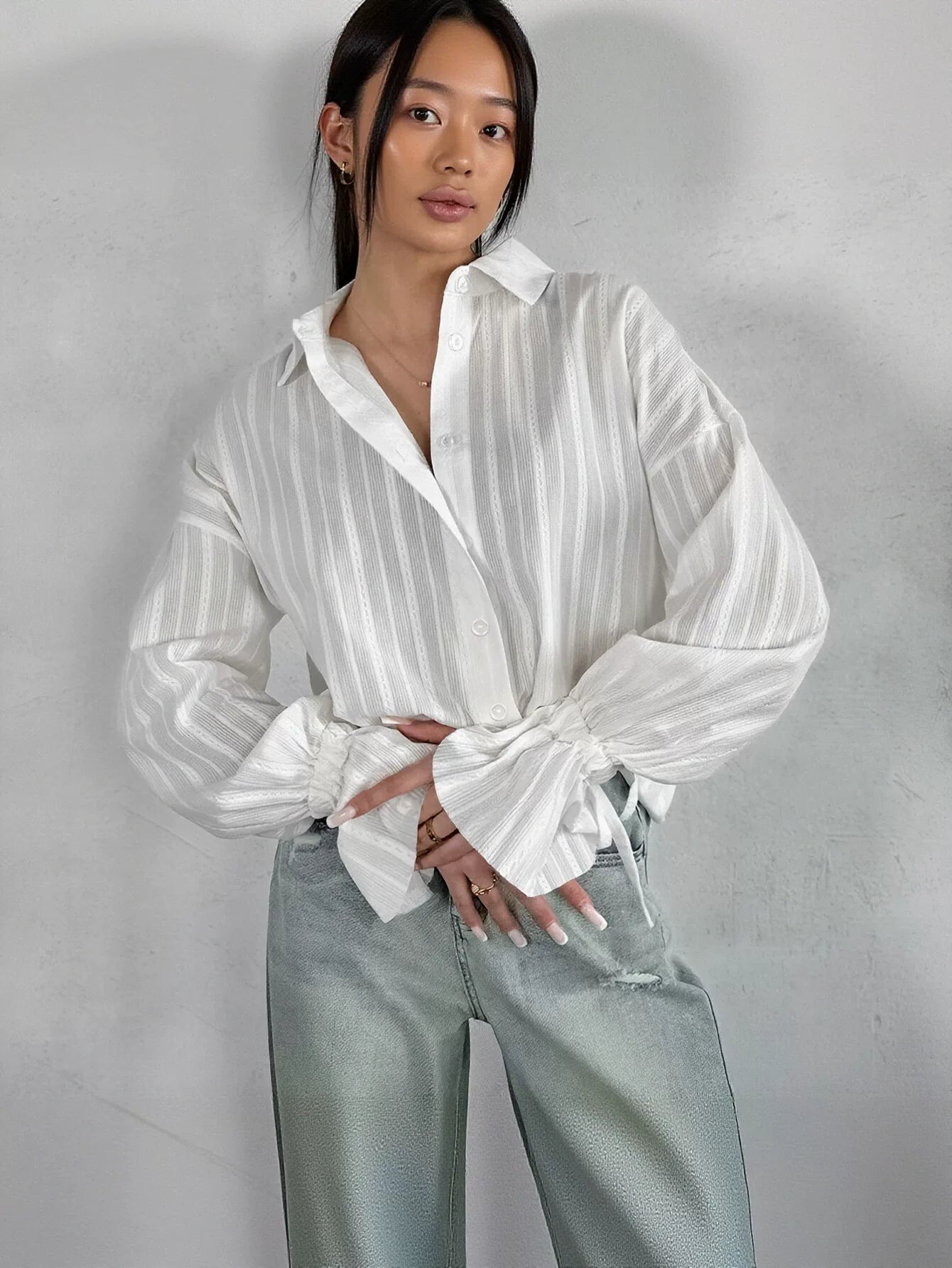Sheer Striped Ruffle Sleeve Button Shirt