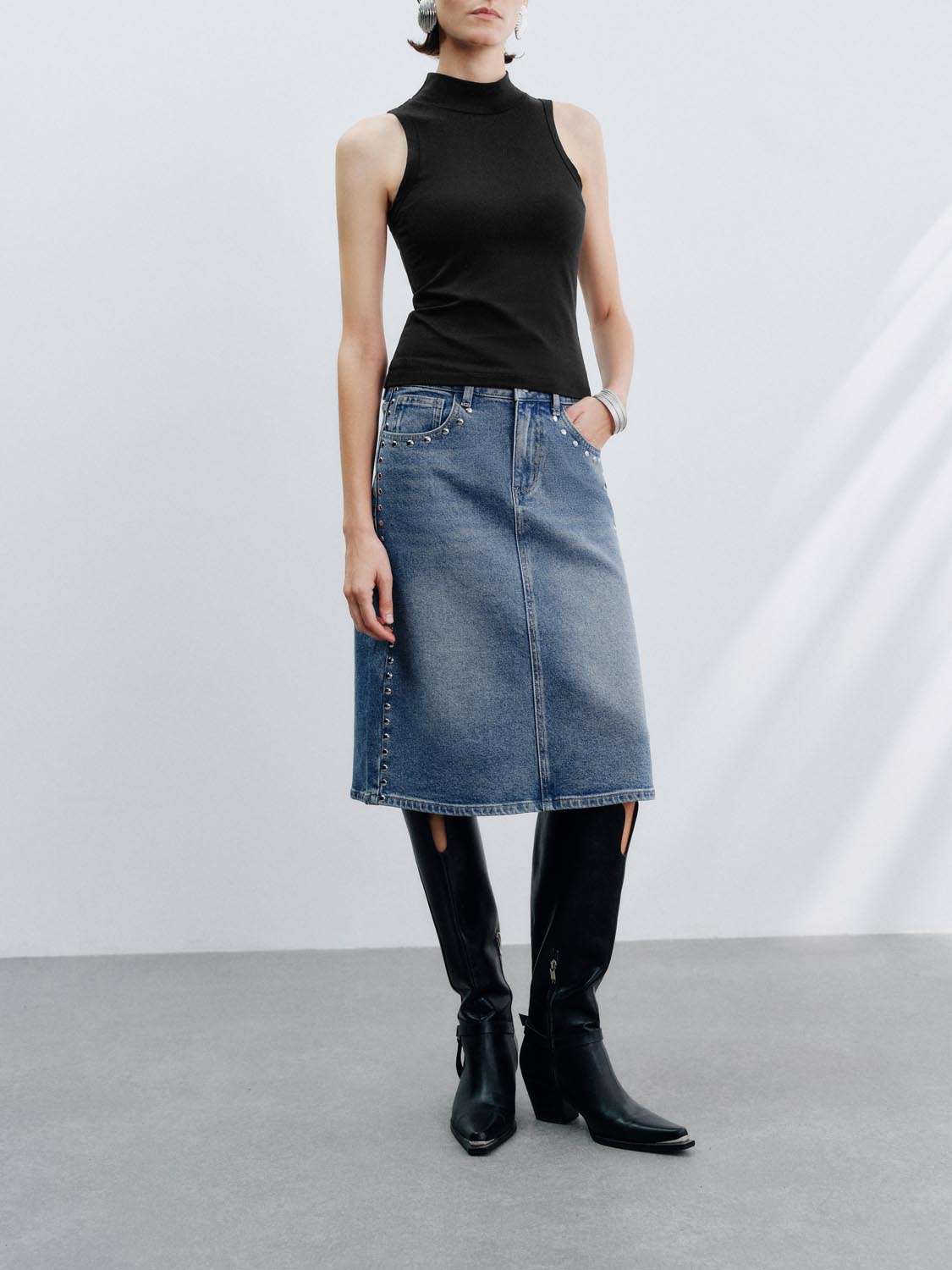 Urban Revivo Denim Midi Skirts-Blue