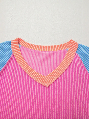 Colorblock Ribbed V Neck T Shirt