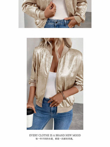 Metallic Shimmer Zip Up Bomber Jacket