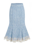 Blue Tweed Lace Trim Mermaid Skirt