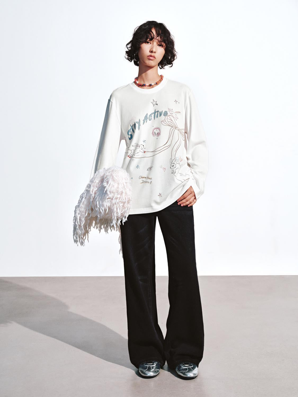 Urban Revivo Printed Long Sleeve T-Shirts-White