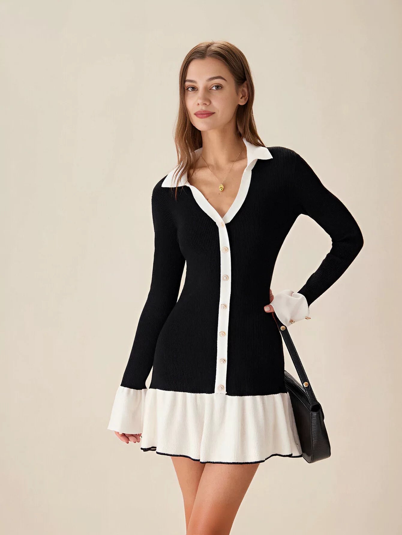 Contrast Button Down Knit Mini Dress