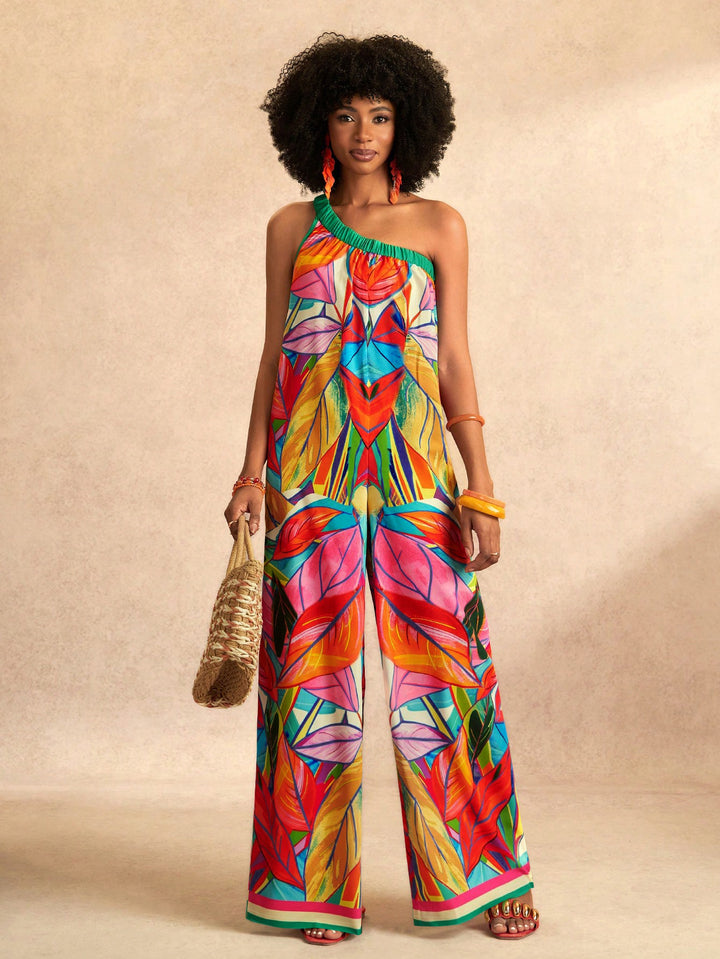 Tropical One Shoulder Wide Leg Jumpsuit