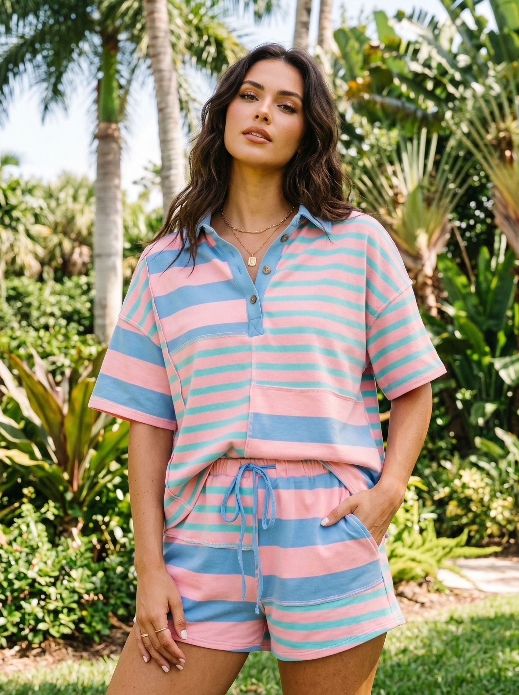 Oversized Striped Polo Shorts Set