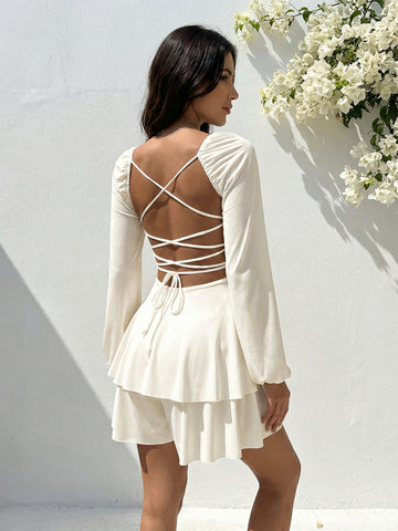 Square Neck Tie-Front Sweet Mini Dress