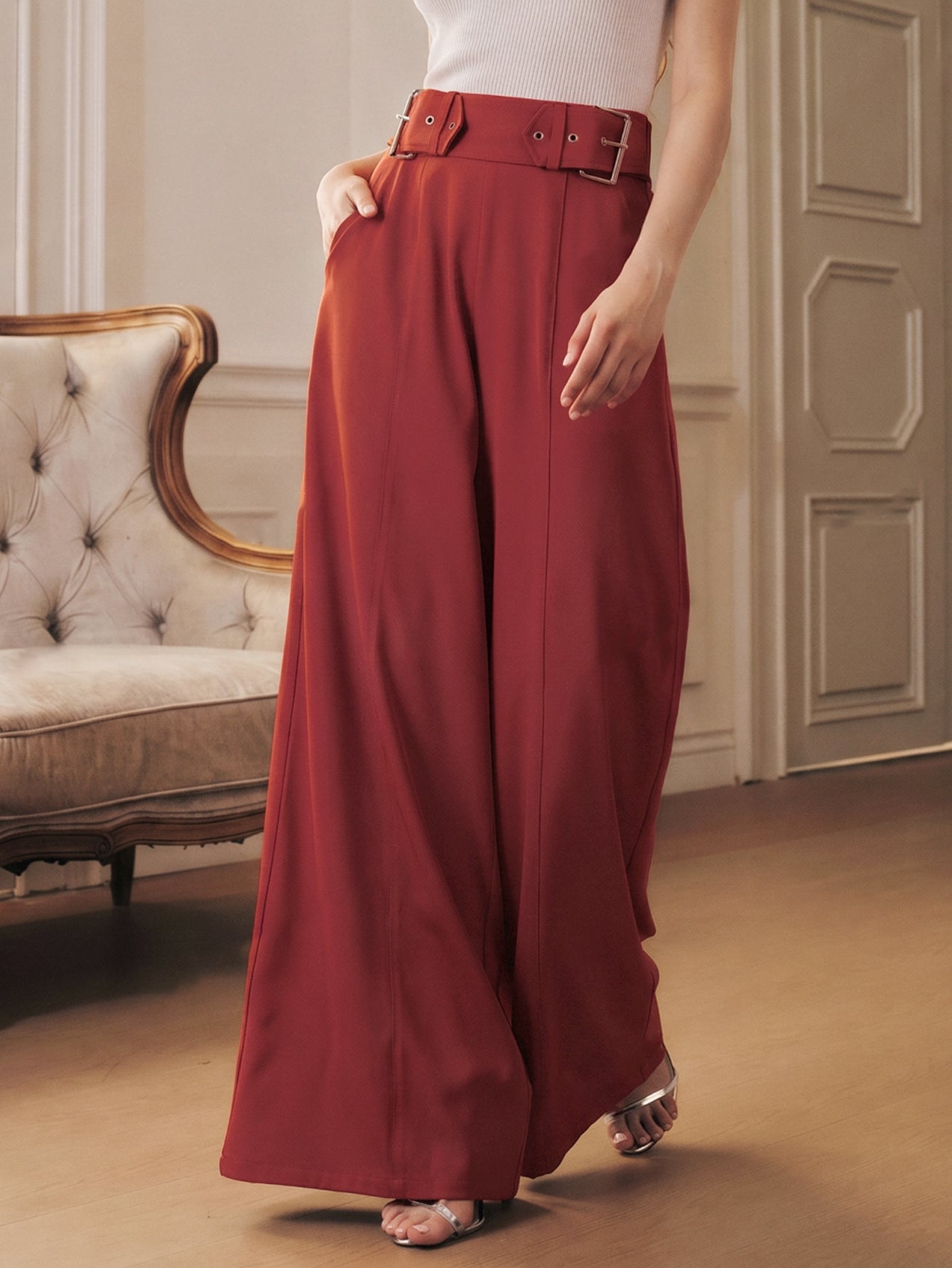 High Waisted Belted Wide Leg Pants