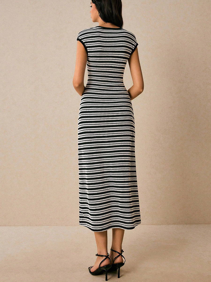 Sleeveless Striped Knit Daily Midi Dress-Black