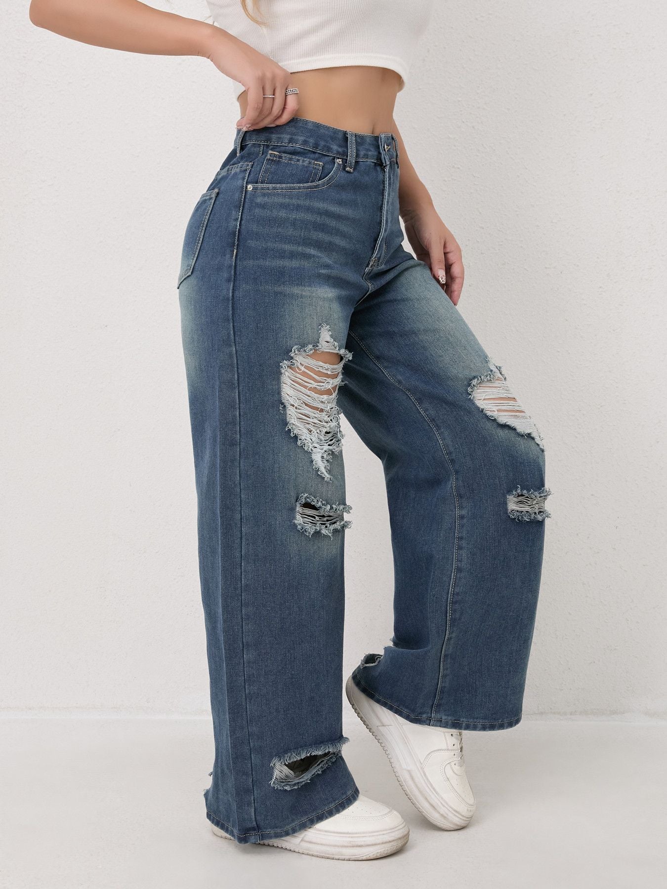 Distressed High Waisted Wide Leg Jeans