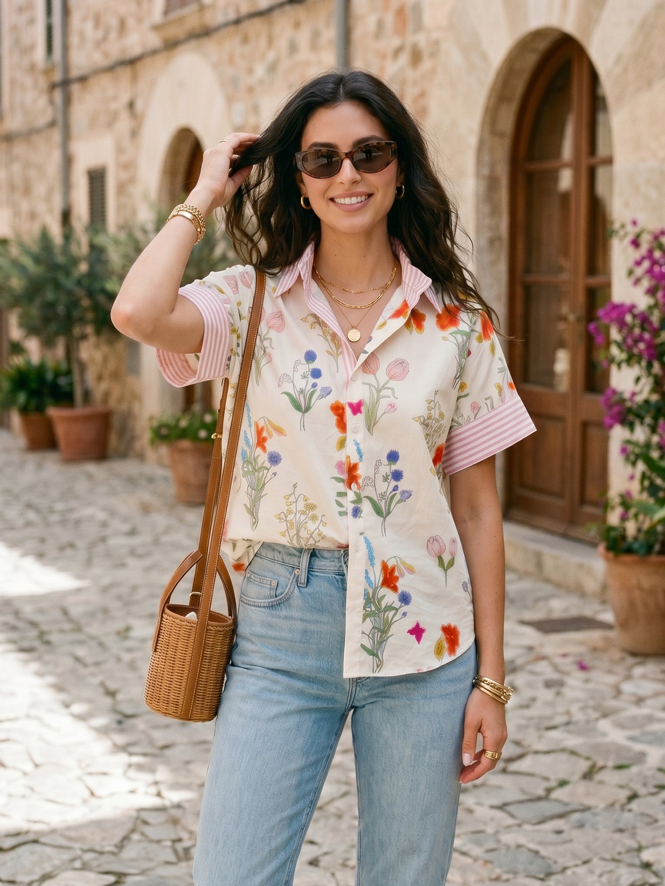 Floral Striped Short Sleeve Button Shirt
