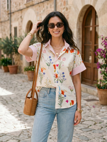 Floral Striped Short Sleeve Button Shirt