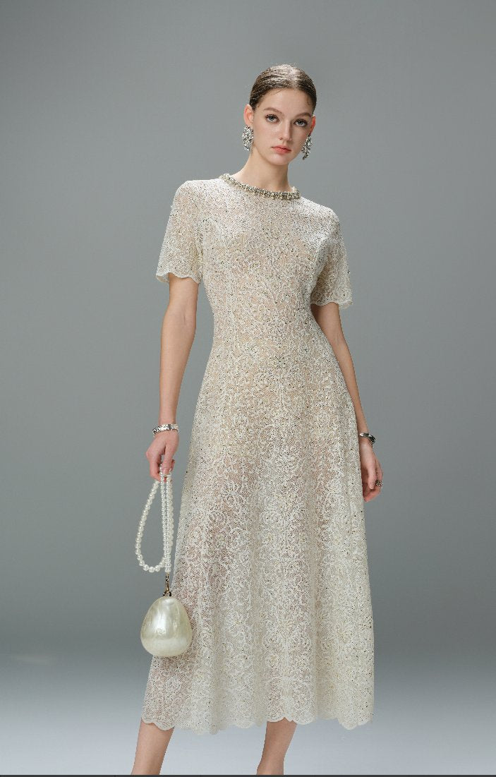 Elegant Beaded Lace Midi Dress