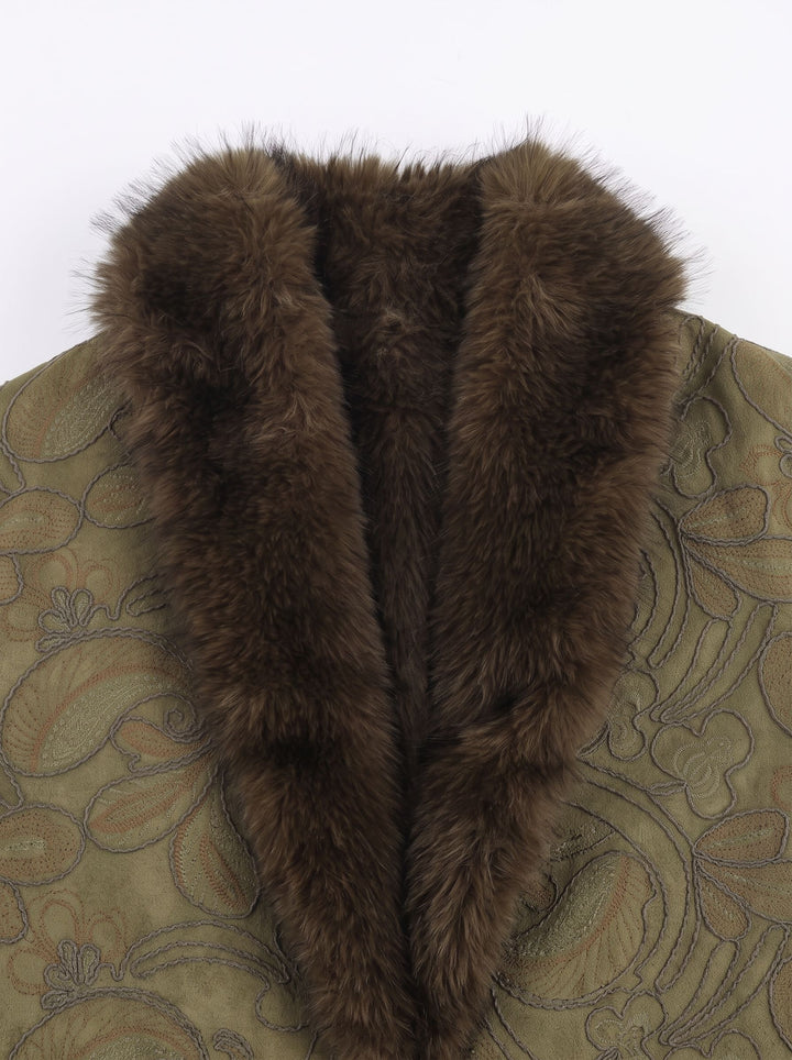 Embroidered Faux Fur Trim Coat