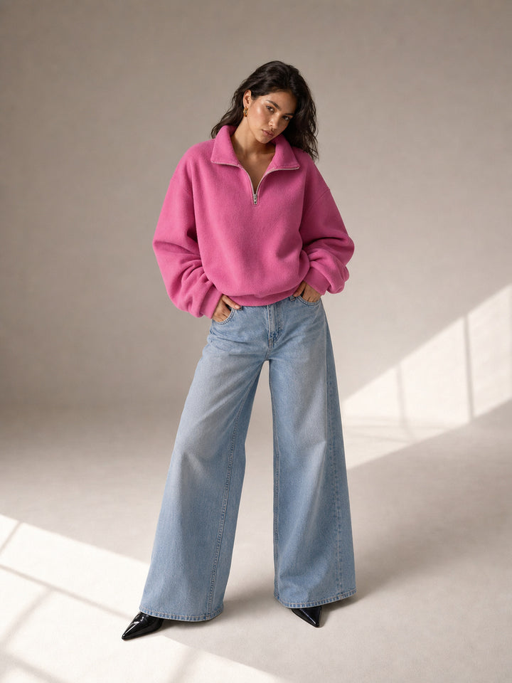 Oversized Pink Quarter Zip Fleece Sweatshirt