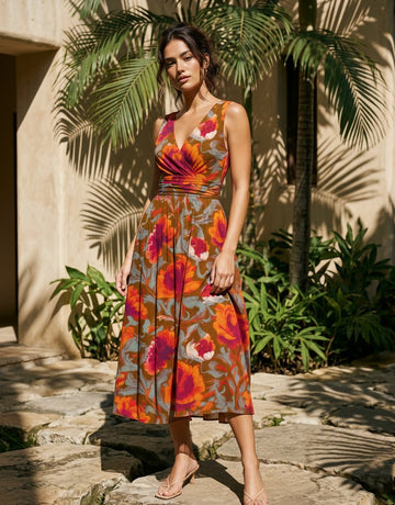CORINNE
Floral Print V Neck A Line Midi Dress