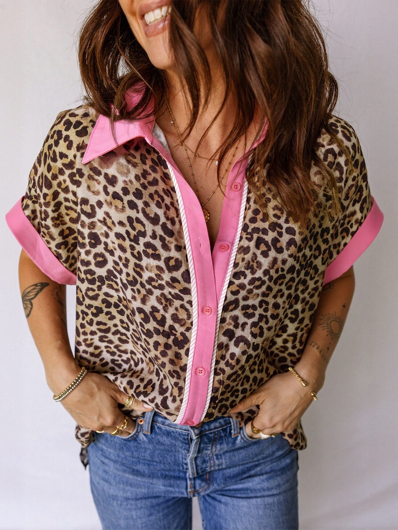 Leopard Print Contrast Button Down Shirt