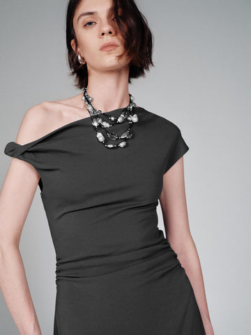 Urban Revivo One Shoulder Ruched A-Line Midi Dresses-Grey