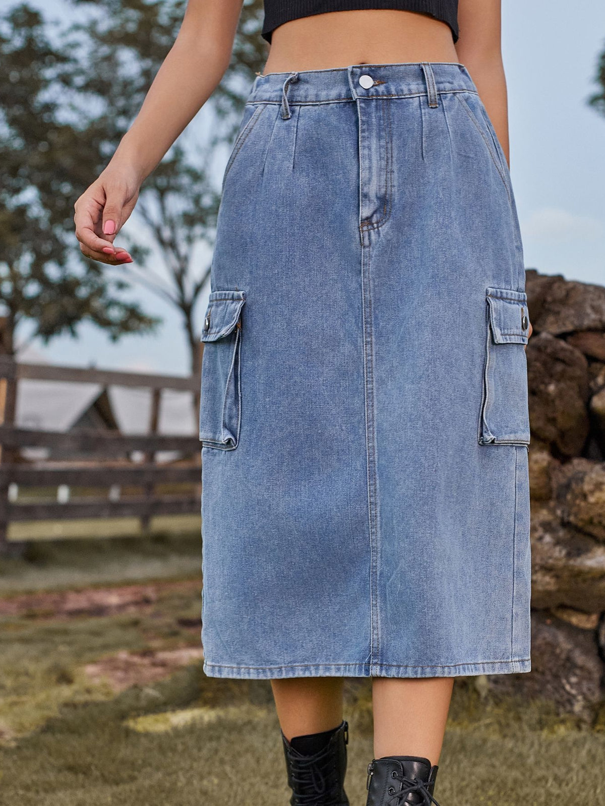 High Waisted Cargo Denim Midi Skirt