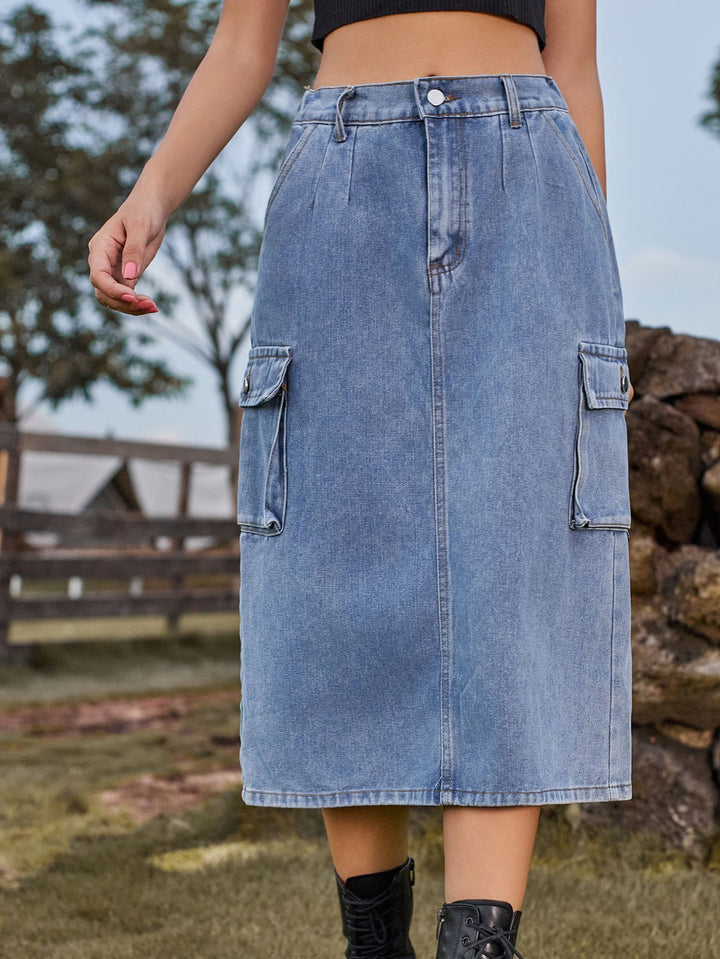 High Waisted Cargo Denim Midi Skirt