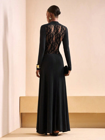 Elegant Lace Back Mock Neck Dress