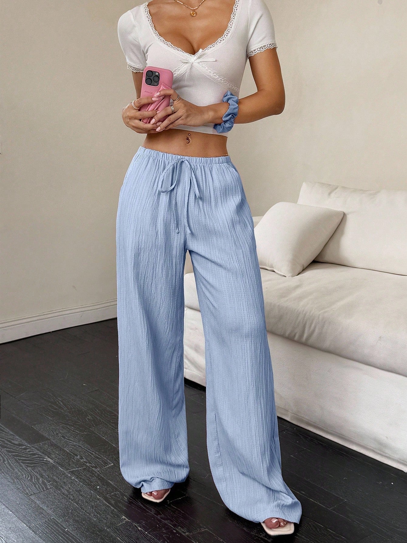 Drawstring Waist Wide-Leg Casual Pants-Multicolor