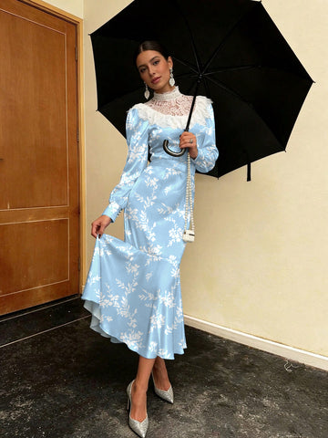 Vintage Lace Trim Floral Midi Dress