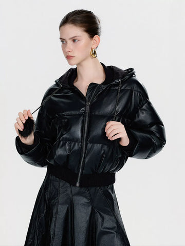 Cropped Faux Leather Puffer Jacket