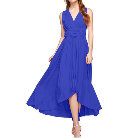 V-Neck Pleated Asymmetric Hem Casual Midi Dress-Blue